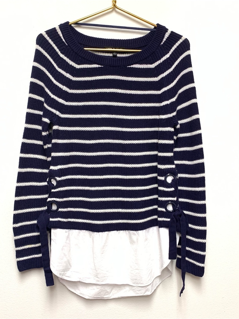 Cable and Gauge Layered Tunic Sweater Size M Blue Striped Shirt Tail Hem Twofer